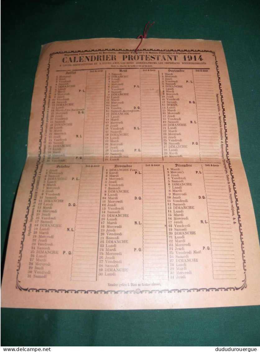 CALENDRIER PROTESTANT 1914  ( ORPHELINS IMPRIMEURS A LA MAISON PATERNELLE A MONTAUBAN ) - Tamaño Grande : 1901-20