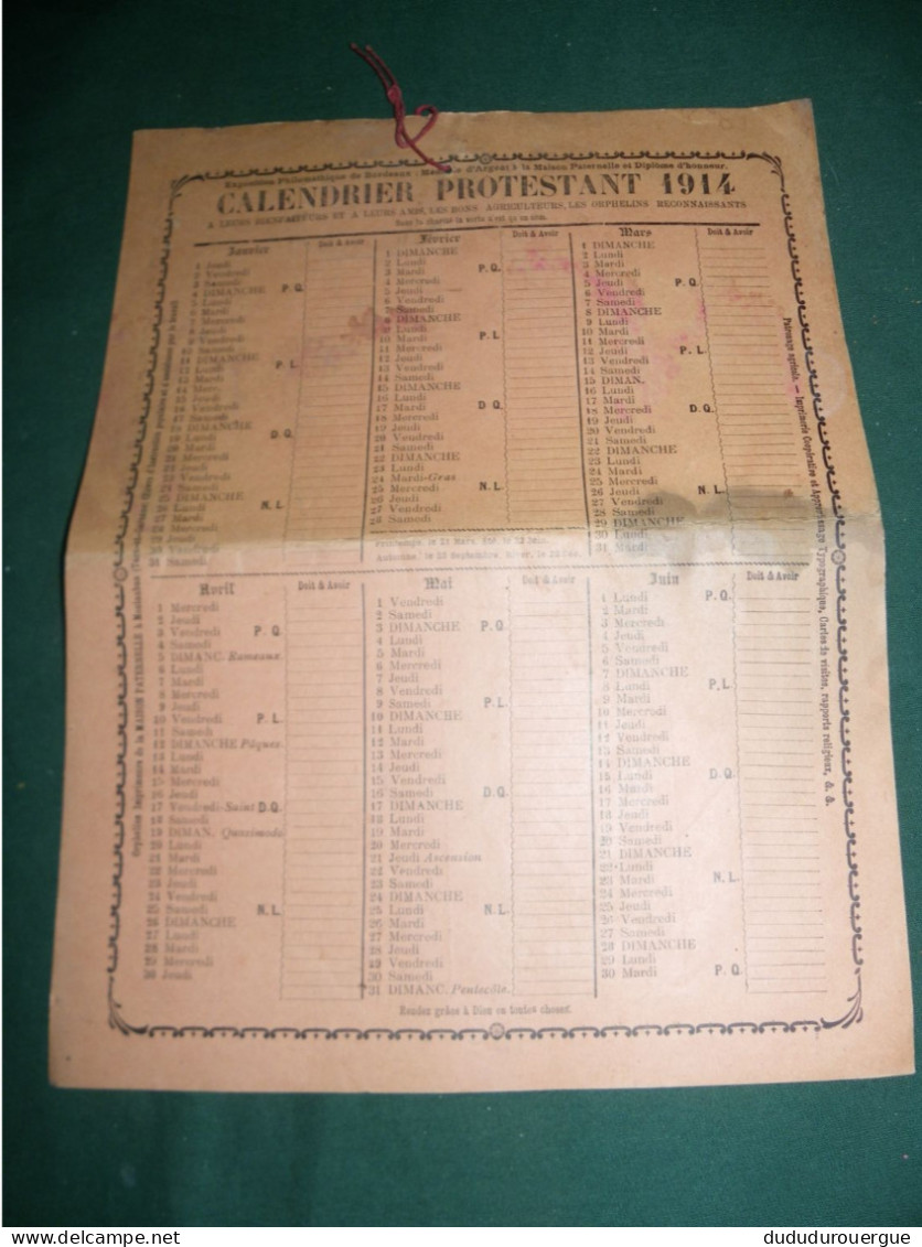 CALENDRIER PROTESTANT 1914  ( ORPHELINS IMPRIMEURS A LA MAISON PATERNELLE A MONTAUBAN ) - Groot Formaat: 1901-20