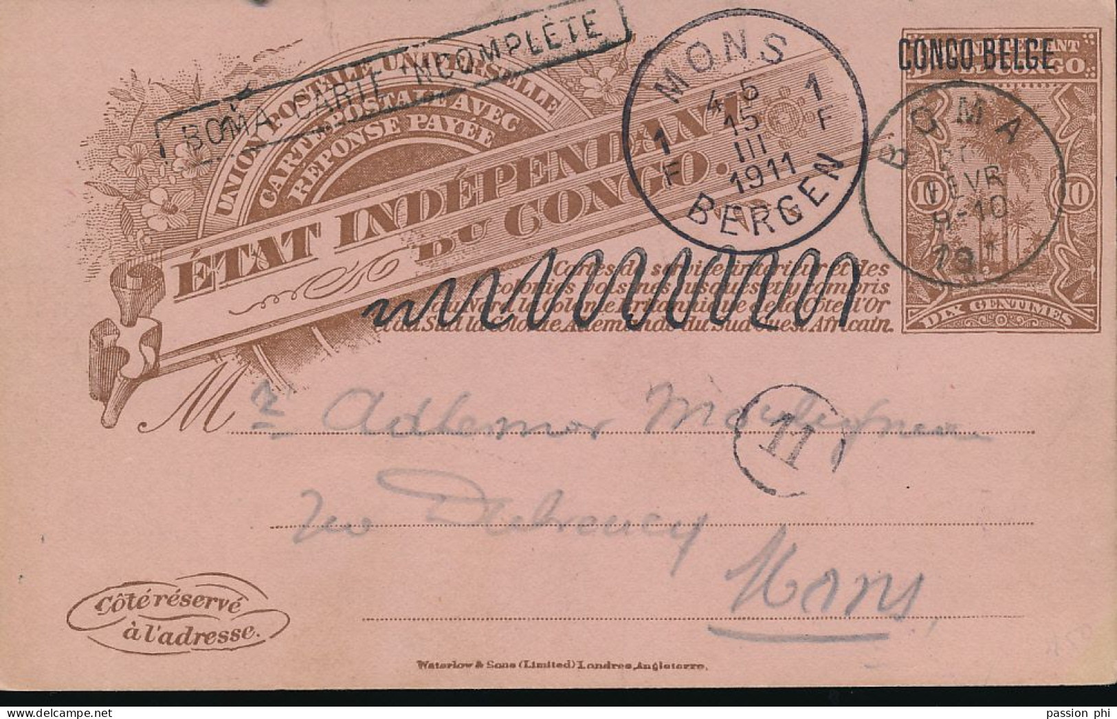 TT BELGIAN CONGO PS SBEP 33 TT ANSWER "BOMA CARTE INCOMPLETE " USED BOMA 27.02.1911 TO MONS OVERPRINT MISPLACED - Stamped Stationery