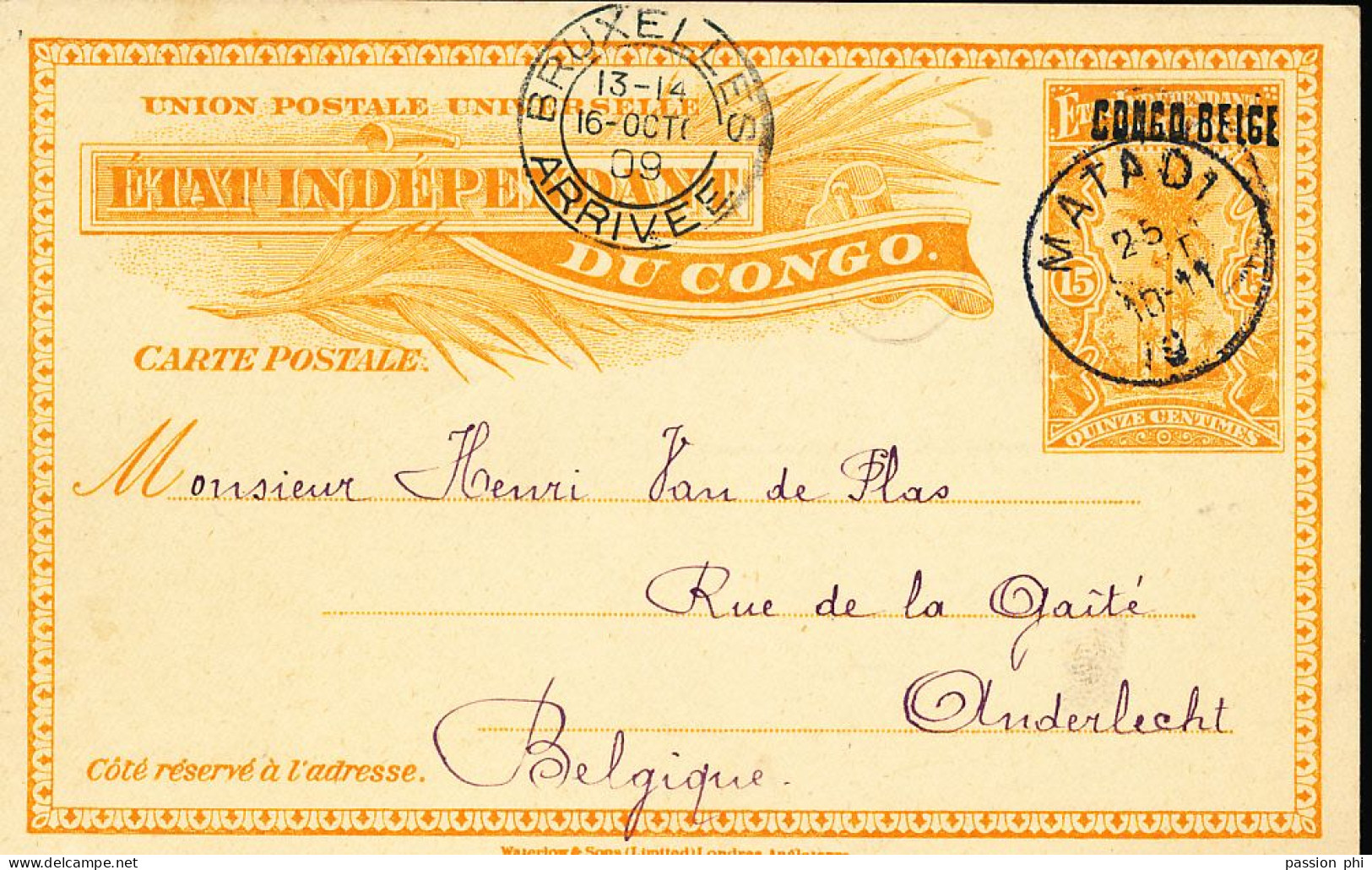 TT BELGIAN CONGO PS SBEP 21 L3 USED FROM MATADI 25.09.1909 TO ANDERLECHT - Interi Postali