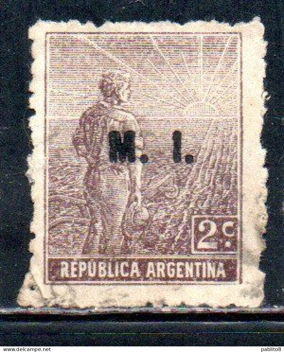 ARGENTINA 1912 1914 OFFICIAL DEPARTMENT STAMP AGRICULTURE OVERPRINTED M.I. MINISTRY OF THE INTERIOR MI 2c USED USADO - Officials