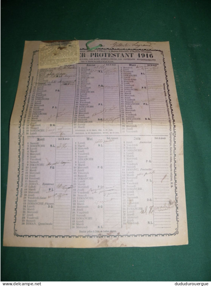 CALENDRIER PROTESTANT 1916 ( ORPHELINS IMPRIMEURS A LA MAISON PATERNELLE A MONTAUBAN ) - Big : 1901-20