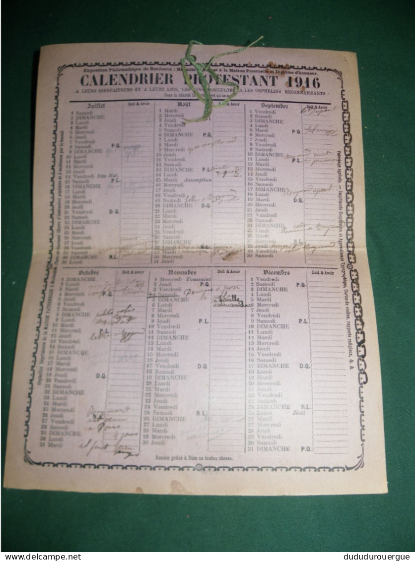 CALENDRIER PROTESTANT 1916 ( ORPHELINS IMPRIMEURS A LA MAISON PATERNELLE A MONTAUBAN ) - Big : 1901-20