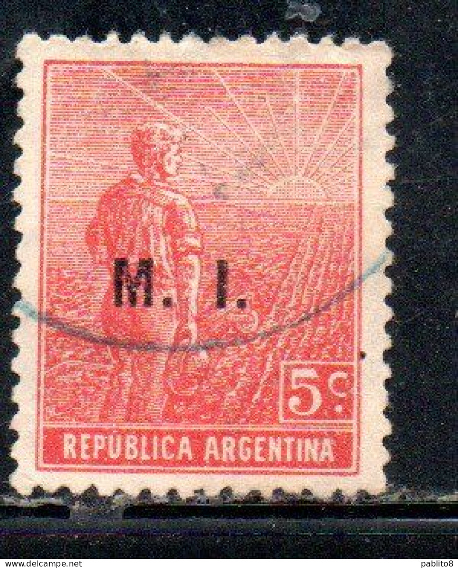 ARGENTINA 1912 1914 OFFICIAL DEPARTMENT STAMP AGRICULTURE OVERPRINTED M.I. MINISTRY OF THE INTERIOR MI 5c USED USADO - Oficiales