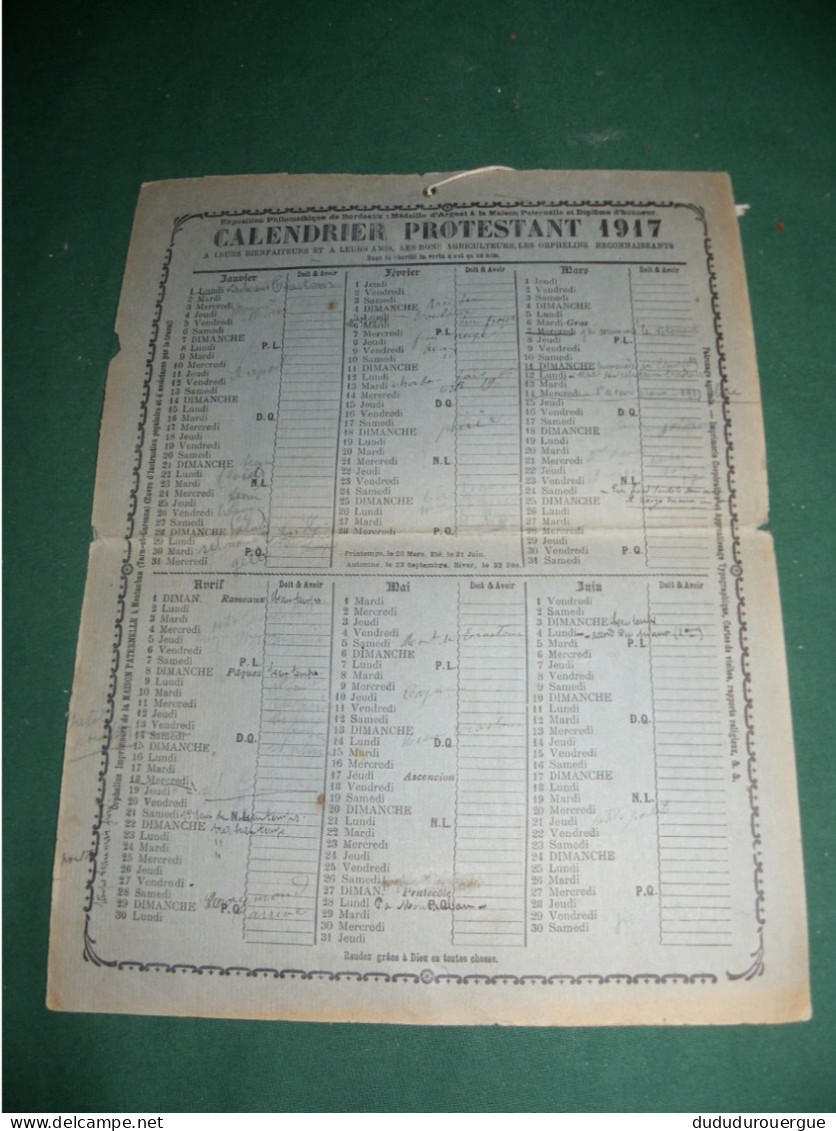 CALENDRIER PROTESTANT 1917 ( ORPHELINS IMPRIMEURS A LA MAISON PATERNELLE A MONTAUBAN ) - Big : 1901-20