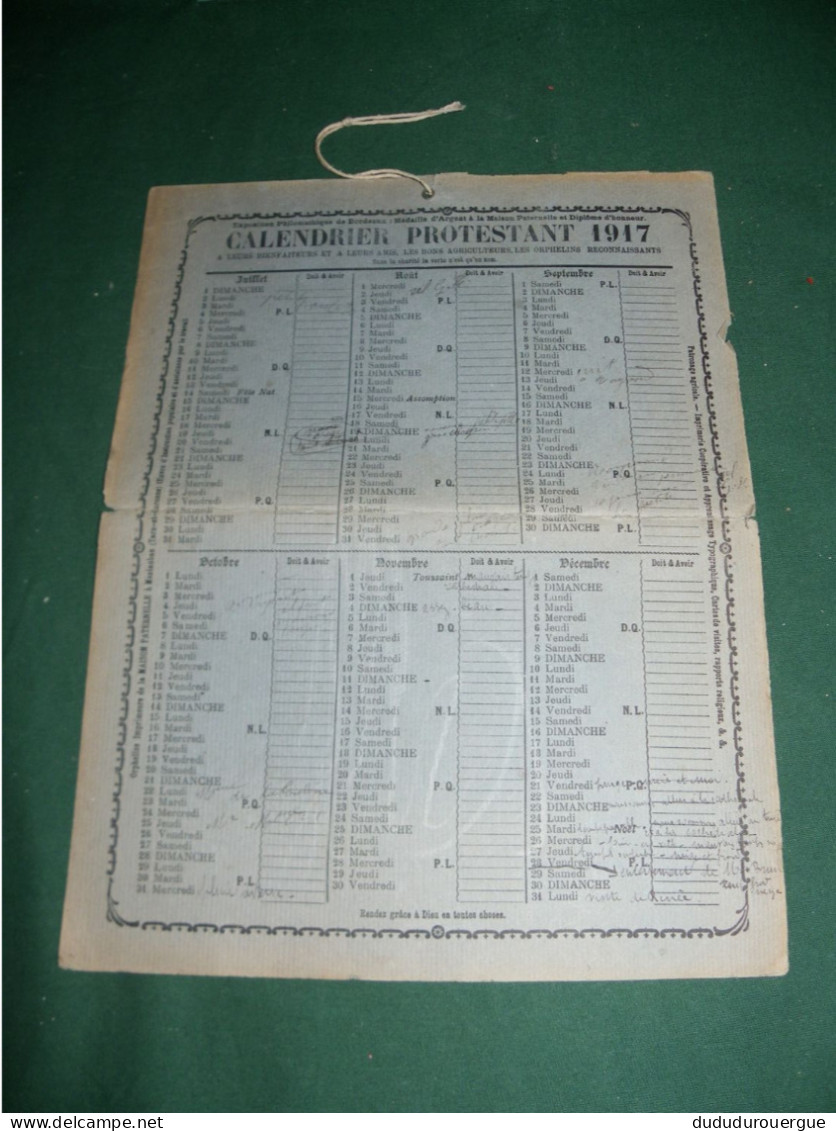 CALENDRIER PROTESTANT 1917 ( ORPHELINS IMPRIMEURS A LA MAISON PATERNELLE A MONTAUBAN ) - Tamaño Grande : 1901-20