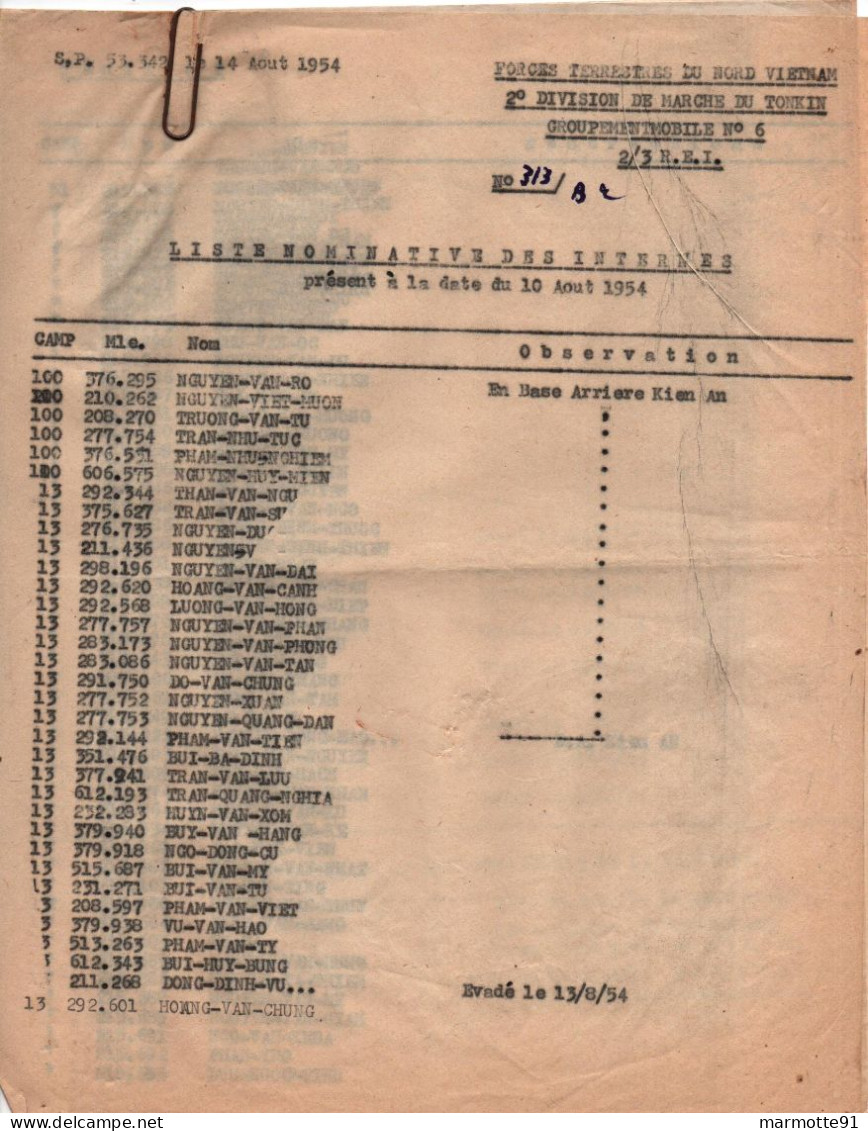 LISTE INTERNES VIET MINH 1954 GROUPE MOBILE N°6  2/3 REI  ARMEE FRANCAISE INDOCHINE INDOCHINA  CEFEO - French