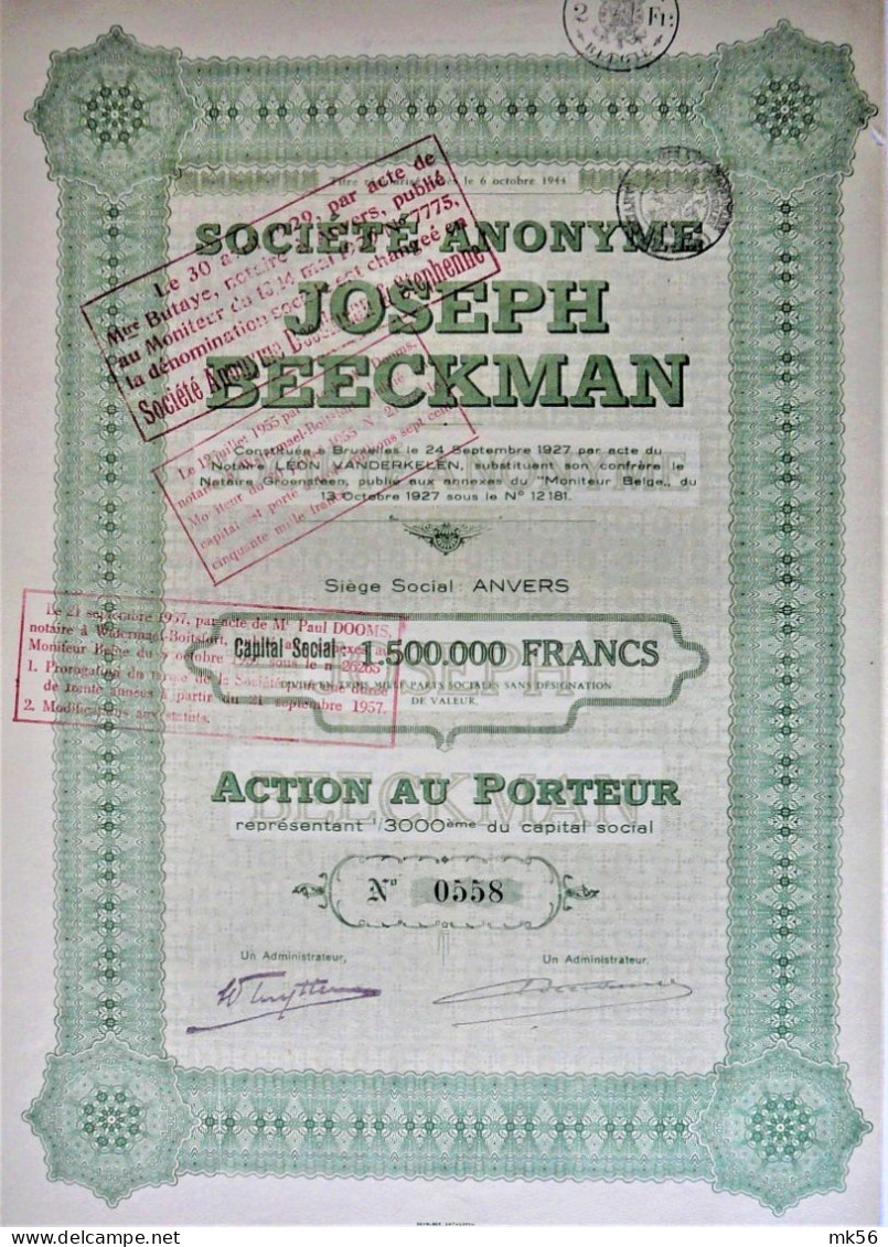 S.A. Joseph Beeckman - Action Au Porteur  (1927) - Anvers - Textile