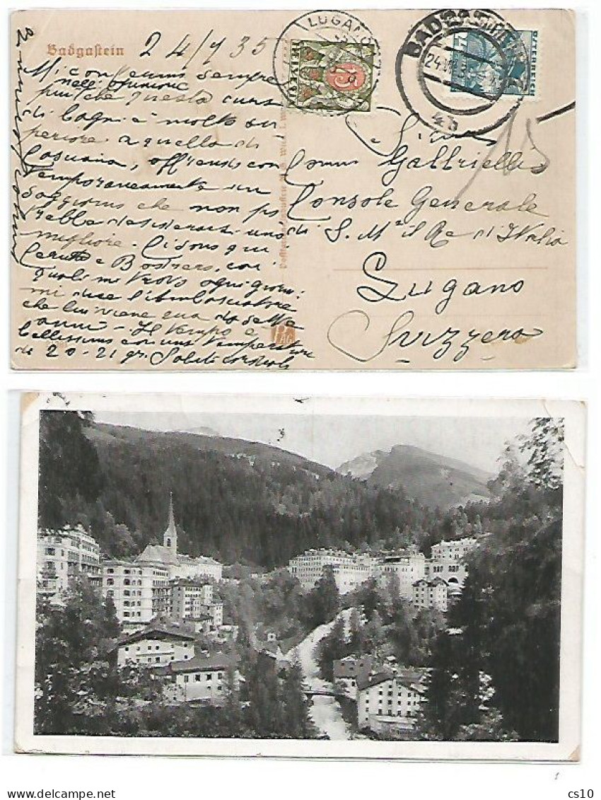 Suisse Postage Due Tax C.25 Incoming Pcard Badgastein Austria - Lugano 26jul1935 - Strafportzegels