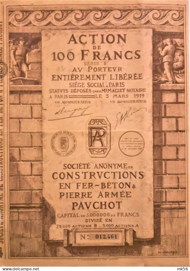 S.A. De Constructions En Fer-Béton  & Pierre Armée  PAUCHOT - Paris  -1919 - Industry