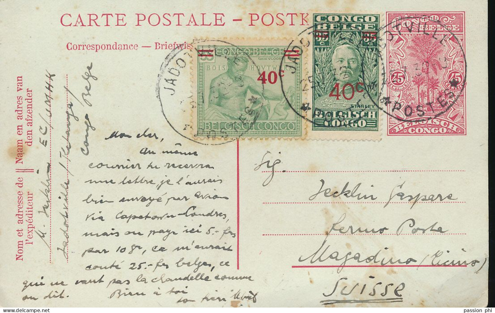 TT BELGIAN CONGO PS SBEP 65 FROM JADOVILLE 25.07.32 TO SWITZERLAND - Stamped Stationery