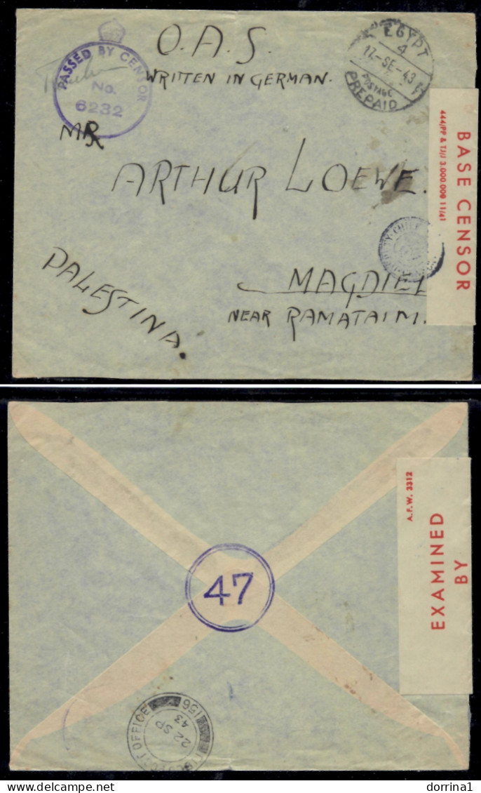 Egypt 1943 Cover To Magdiel Palestine Passed By Censor No 6232 FPO OAS B. Mandat - Palästina