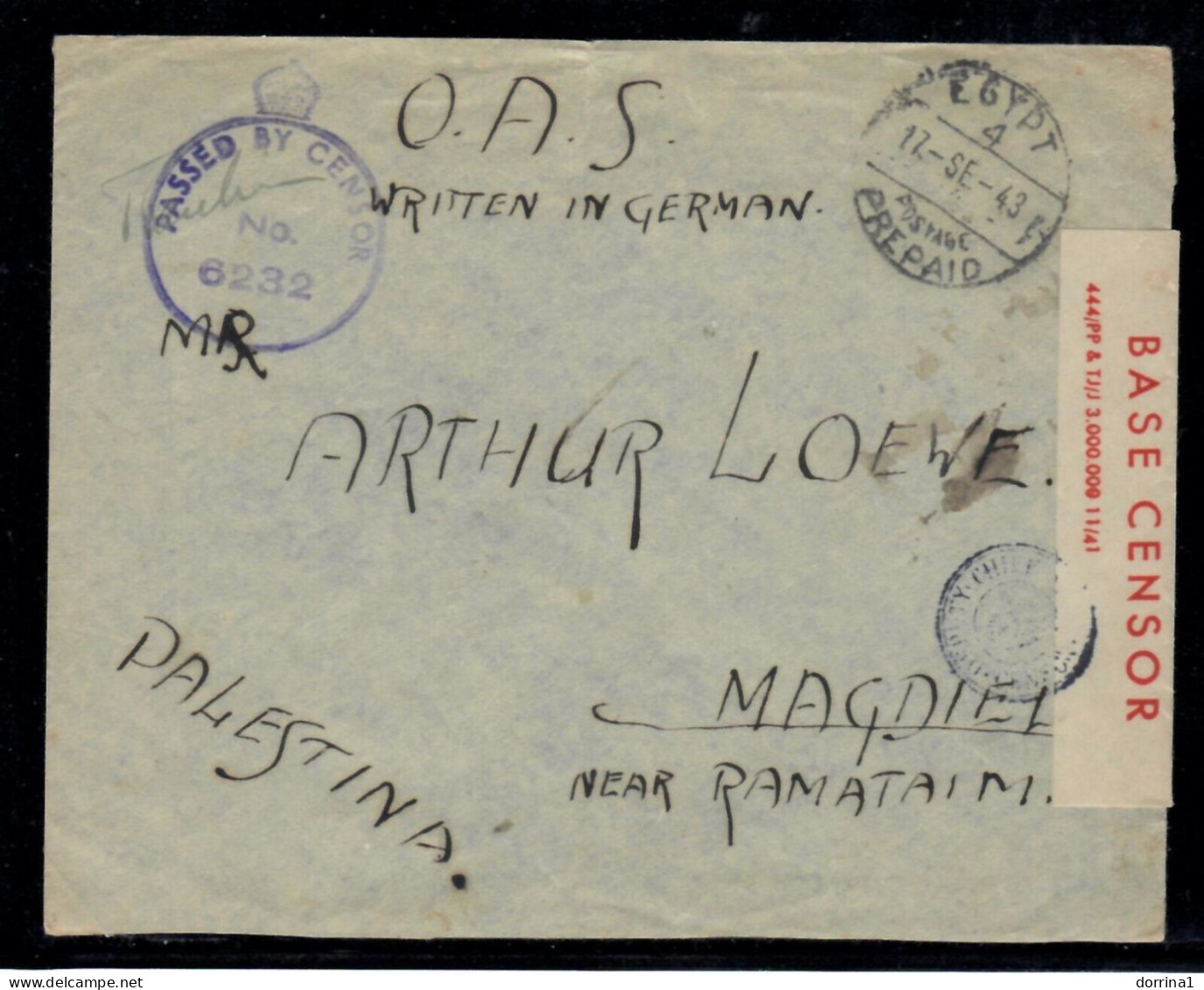 Egypt 1943 Cover To Magdiel Palestine Passed By Censor No 6232 FPO OAS B. Mandat - Palestina
