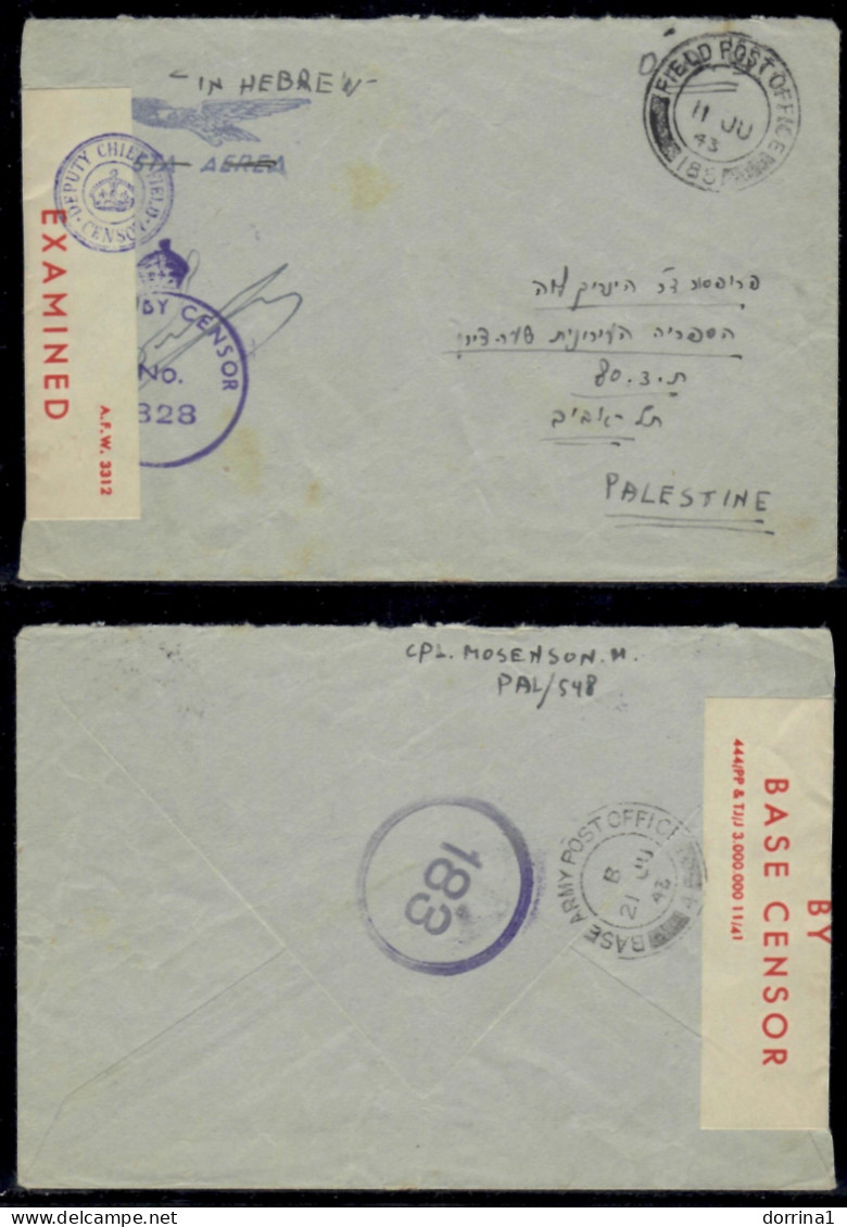 1943 Cover To Tel Aviv Palestine Passed By Censor 6238 EXAMINED British Mandat - Palestine