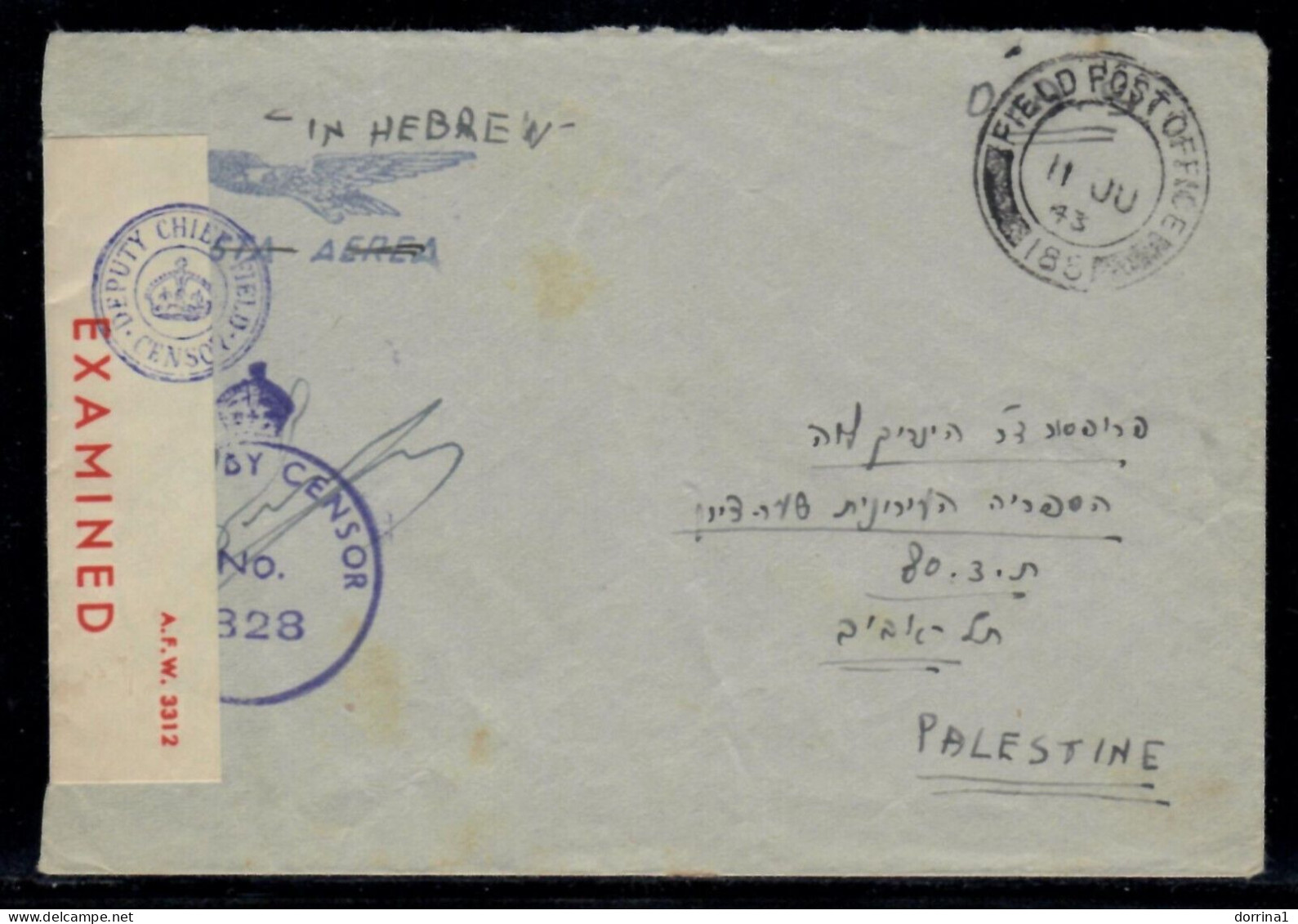 1943 Cover To Tel Aviv Palestine Passed By Censor 6238 EXAMINED British Mandat - Palästina