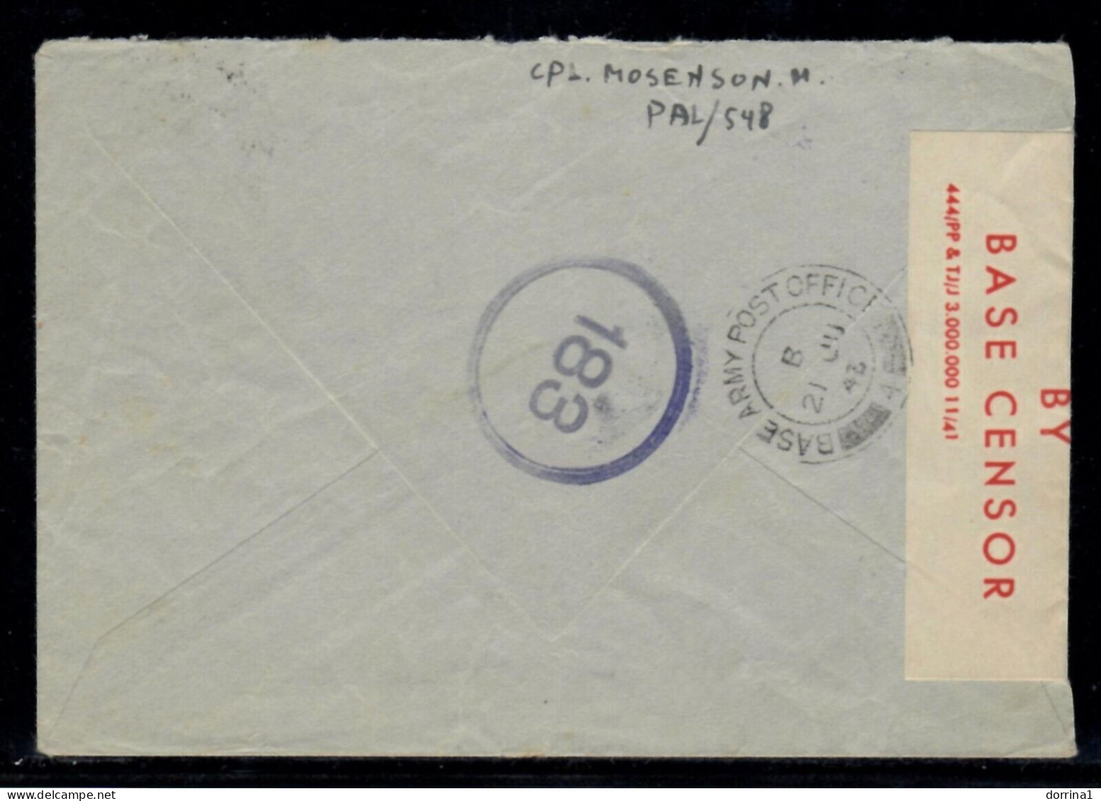 1943 Cover To Tel Aviv Palestine Passed By Censor 6238 EXAMINED British Mandat - Palästina