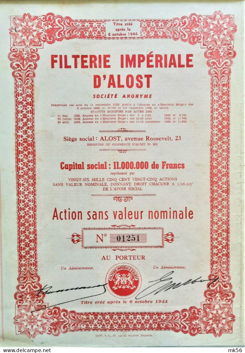 Filterie Impériale D'Alost - Action Sans Valeur Nominale - Autres & Non Classés