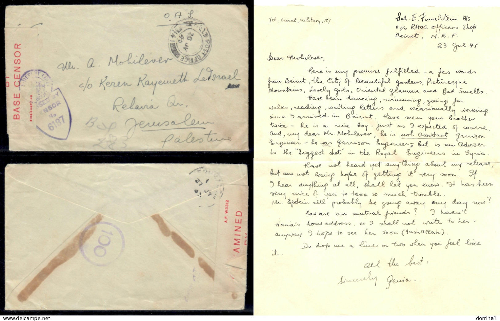 Palestine 1945 British Mandate Cover & Letter To Jerusalem AMINED BY BASE CENSOR - Palestina