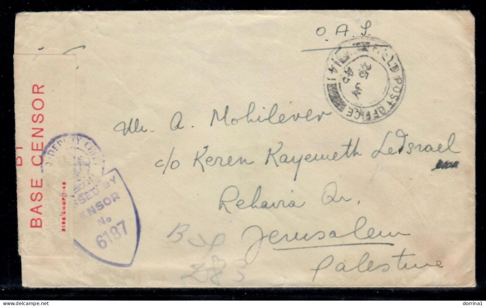 Palestine 1945 British Mandate Cover & Letter To Jerusalem AMINED BY BASE CENSOR - Palestine