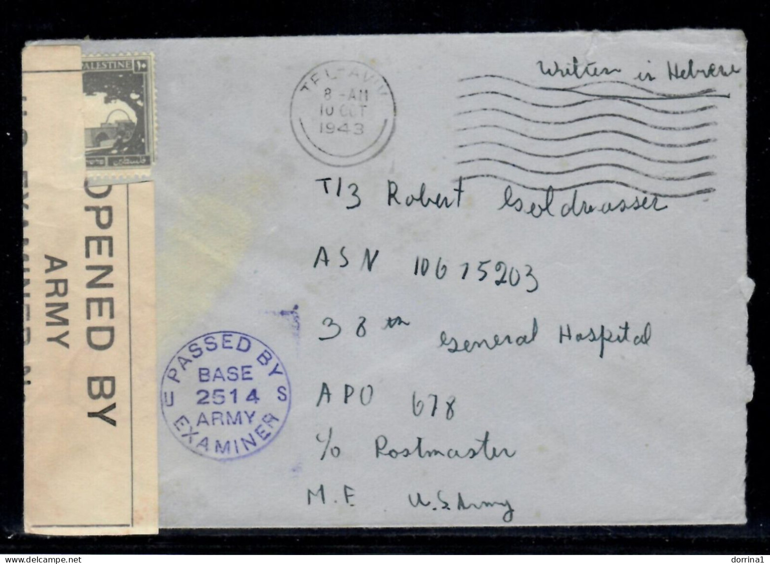 Tel Aviv 1943 WWII British Mandate Palestine Cover - Opened By Army US Examiner - Palestina