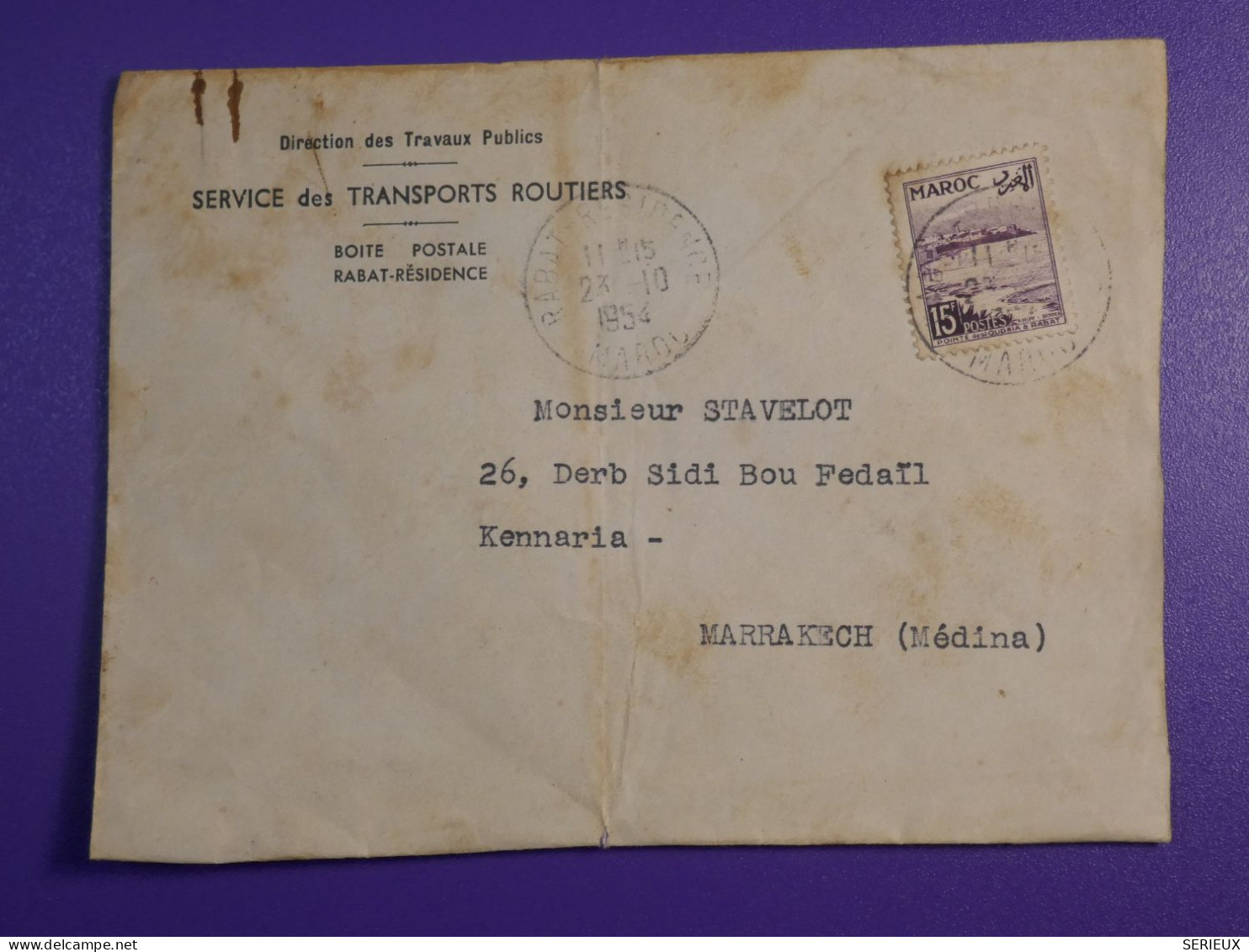 DM 10    MAROC BELLE  LETTRE  TRANSPORT 1954 RABAT A   MARRAKECH      +AFF. INTERESSANT +++ - Brieven En Documenten