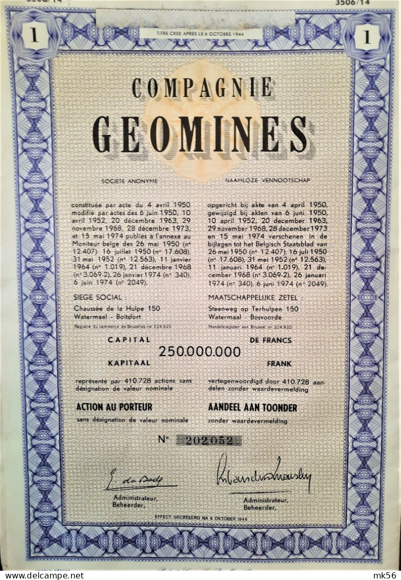 Compagnie Geomines S.A. - Aandeel Aan Toonder (1974) - Watermaal-Bosvoorde - Mines