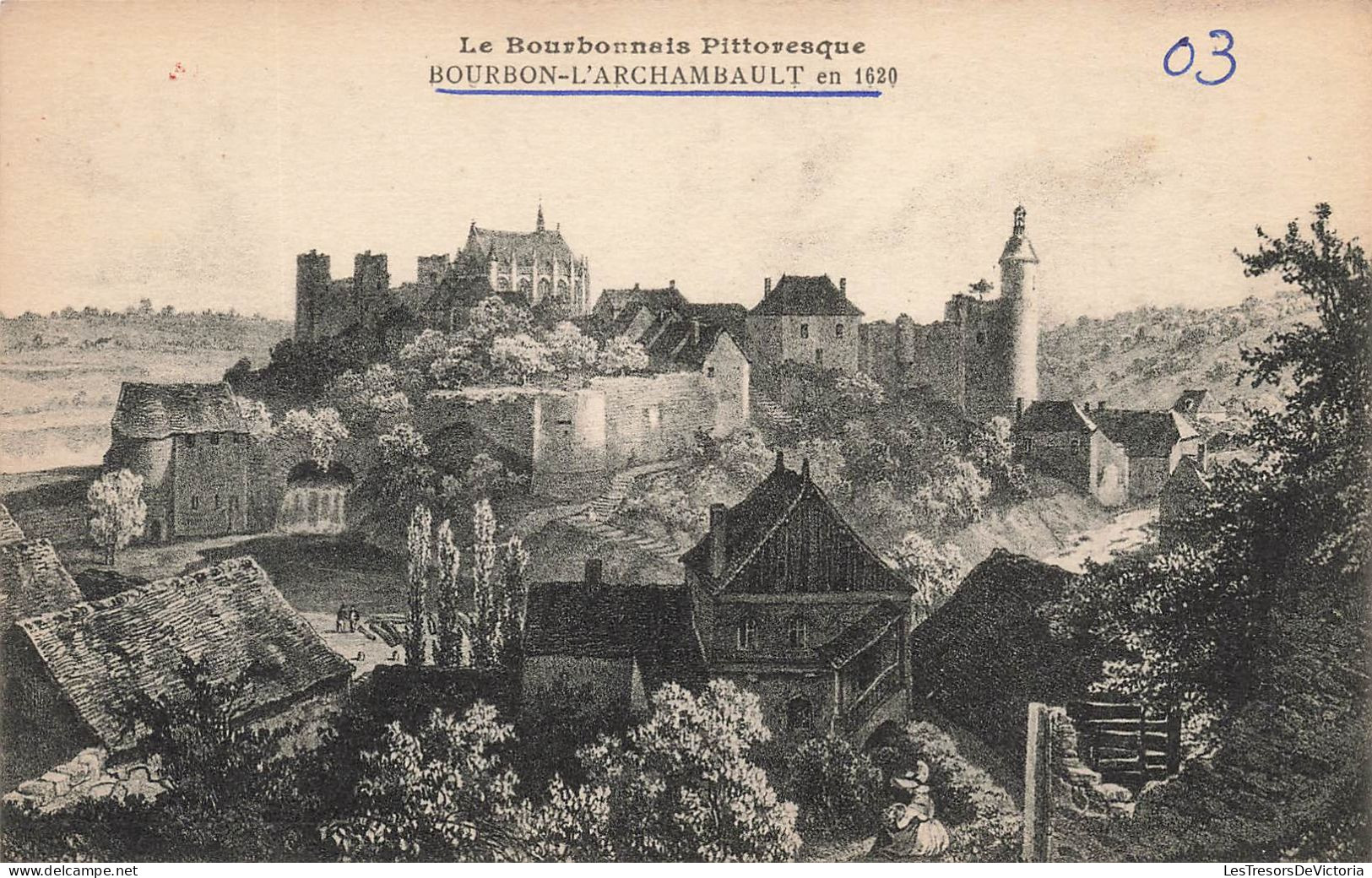 FRANCE - Bourbon L'Archambault - Château - Vue Aérienne - Dessin - Carte Postale Ancienne - Bourbon L'Archambault