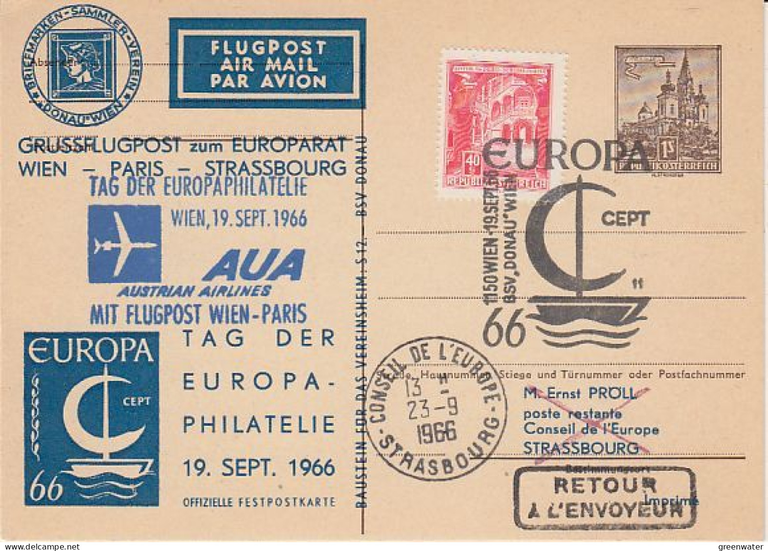 Austria Grussflugpost Europarat Wien-Paris-Strassbourg 19 SEP 1966 (59281) - Idee Europee