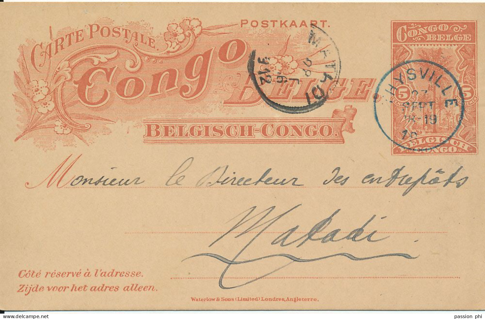 TT BELGIAN CONGO SBEP 36 INLAND FROM MADIMBA 27.09.1912 USED THYSVILLE 27.09.1912 TO MATADI - Interi Postali