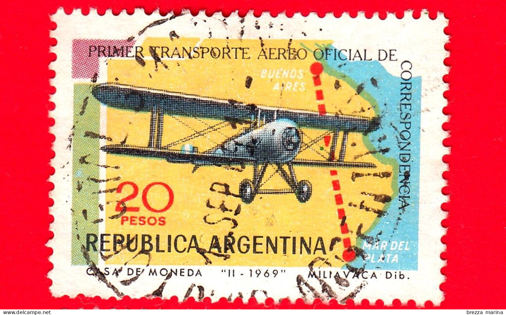 ARGENTINA - Usato - 1969 - 50 Anni Della Prima Posta Aerea - Aereo Postale - 20 - Oblitérés