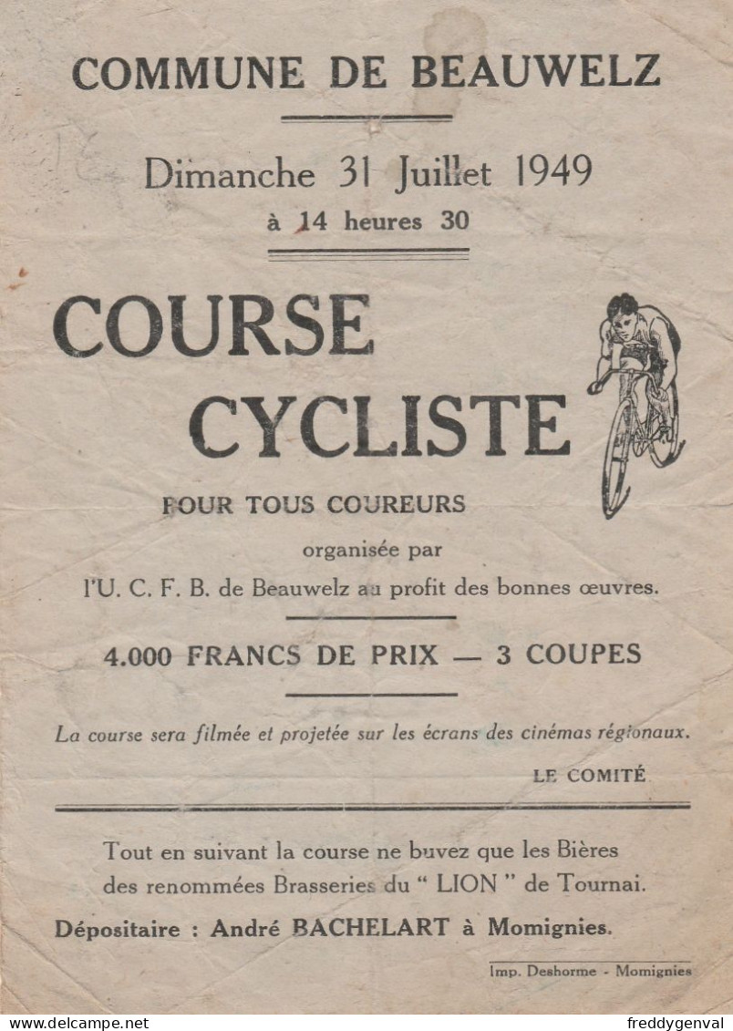 BEAUWELZ COURSE CYCLISTE  1949 - Deportes & Turismo