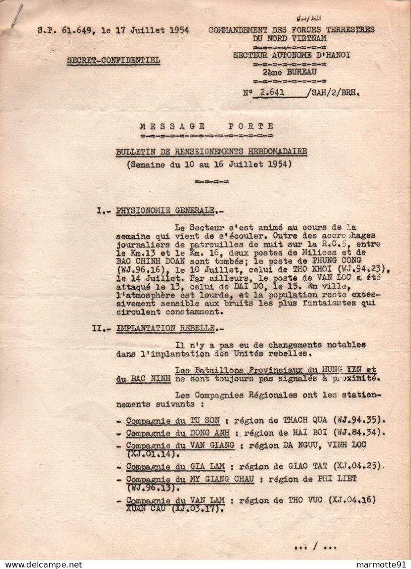 SECTEUR HANOÏ BULLETIN RENSEIGNEMENT 1954 ARMEE FRANCAISE INDOCHINE INDOCHINA  CEFEO PROPAGANDE - Documenti