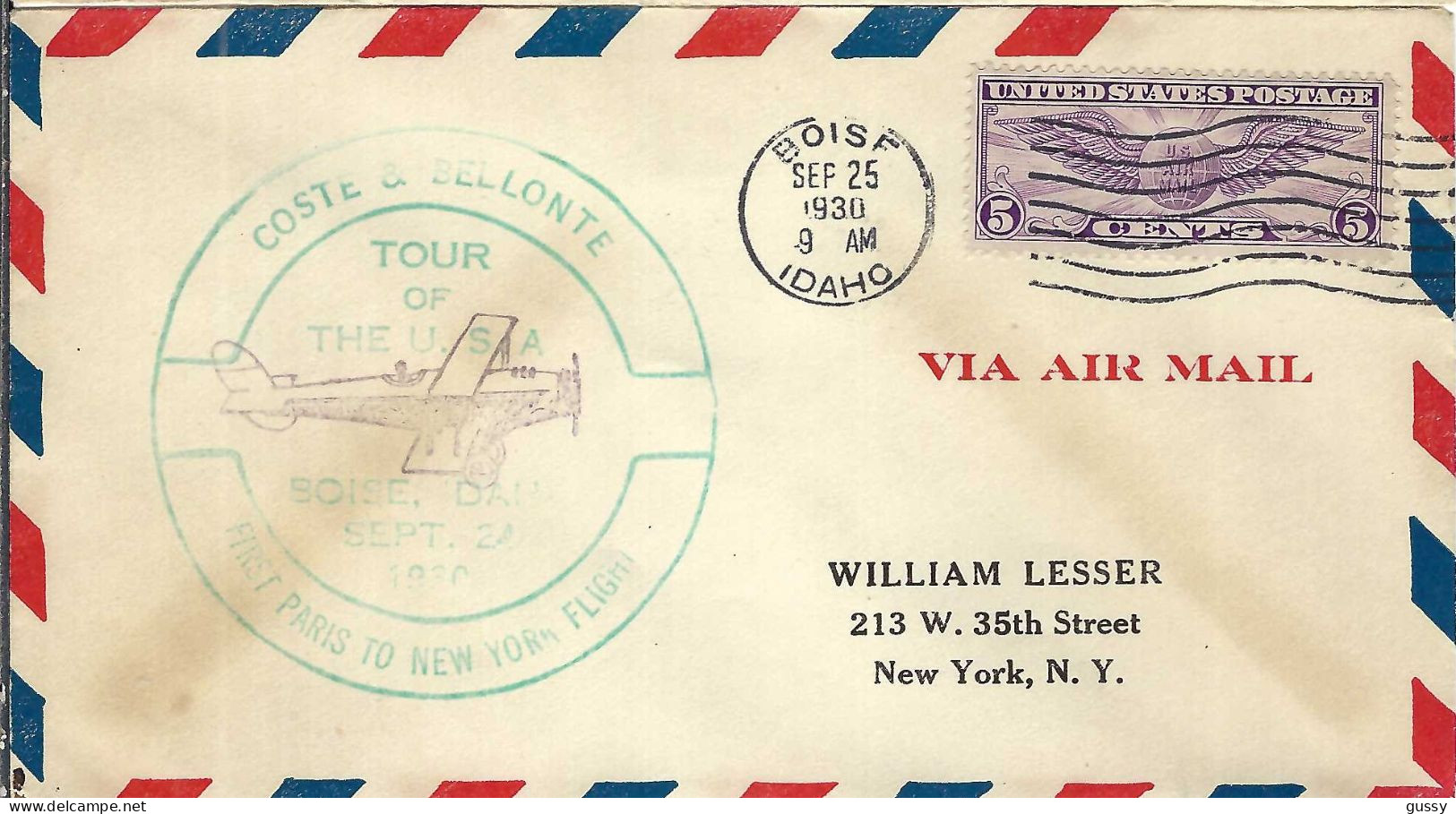 ETATS UNIS Ca.1930: LSC 1er Vol Paris - New York Par Coste Et Bellonte - 1c. 1918-1940 Lettres