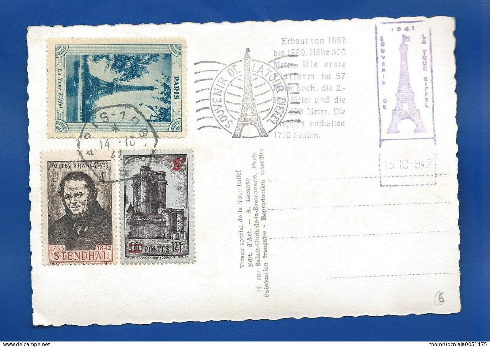 Carte TOUR EFFEL Avec Vignette + Timbres Oblitération: Paris 4/10/1942 - Toerisme (Vignetten)