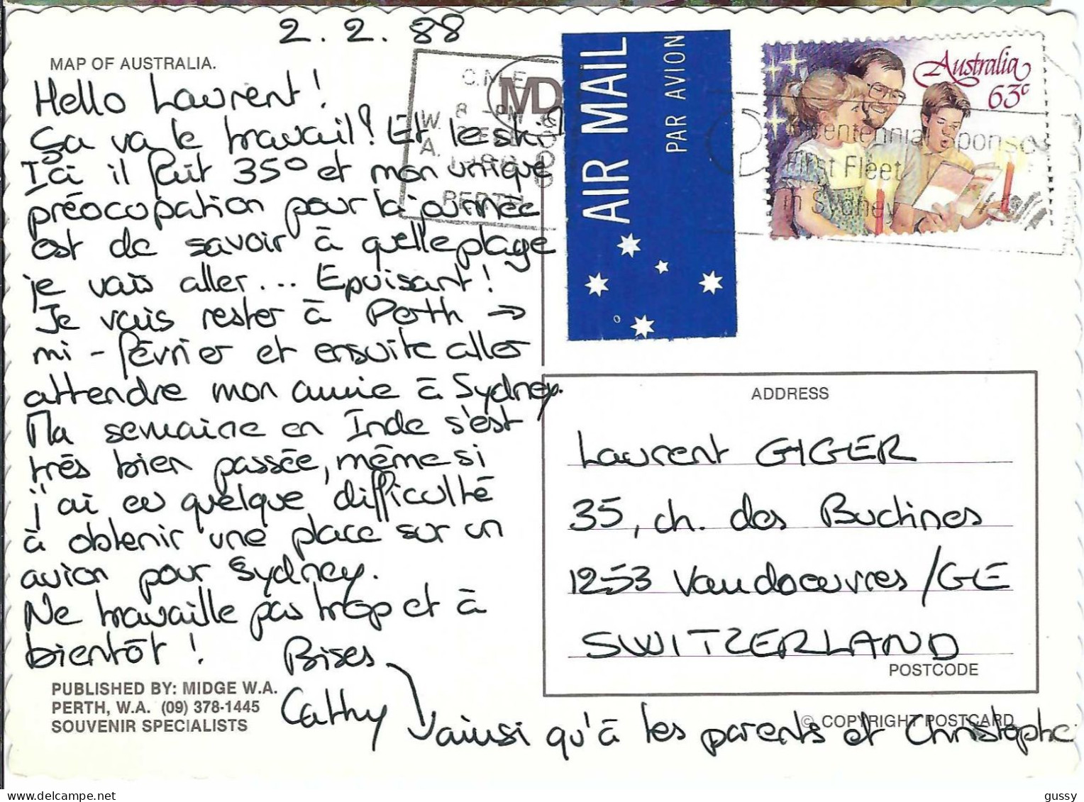 AUSTRALIE Ca.1988: CP Ill. De Pittsburgh à Vandoeuvres (GE, Suisse) - Briefe U. Dokumente