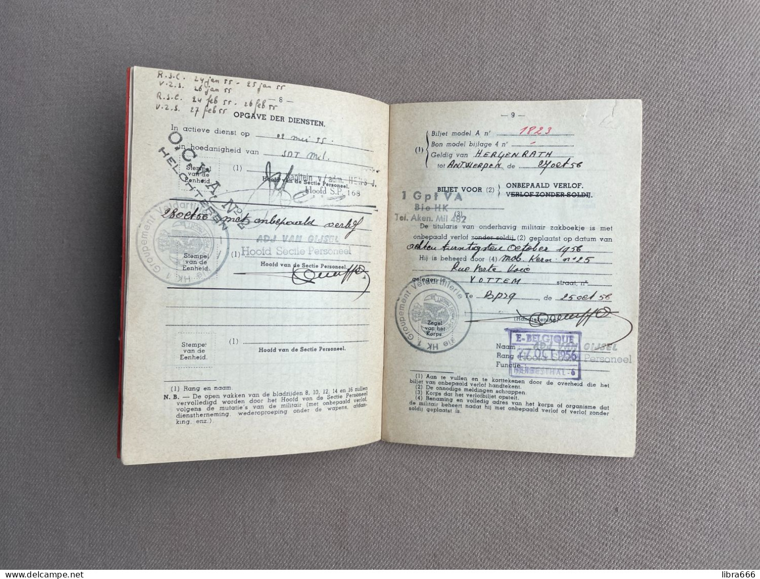 Belgisch Leger - MILITAIR ZAKBOEKJE 1956 - GANSES Olaf Jan Baptist - Antwerpen - BPS 9 BSD 1 GPT VA BIE HK Aken - Documents