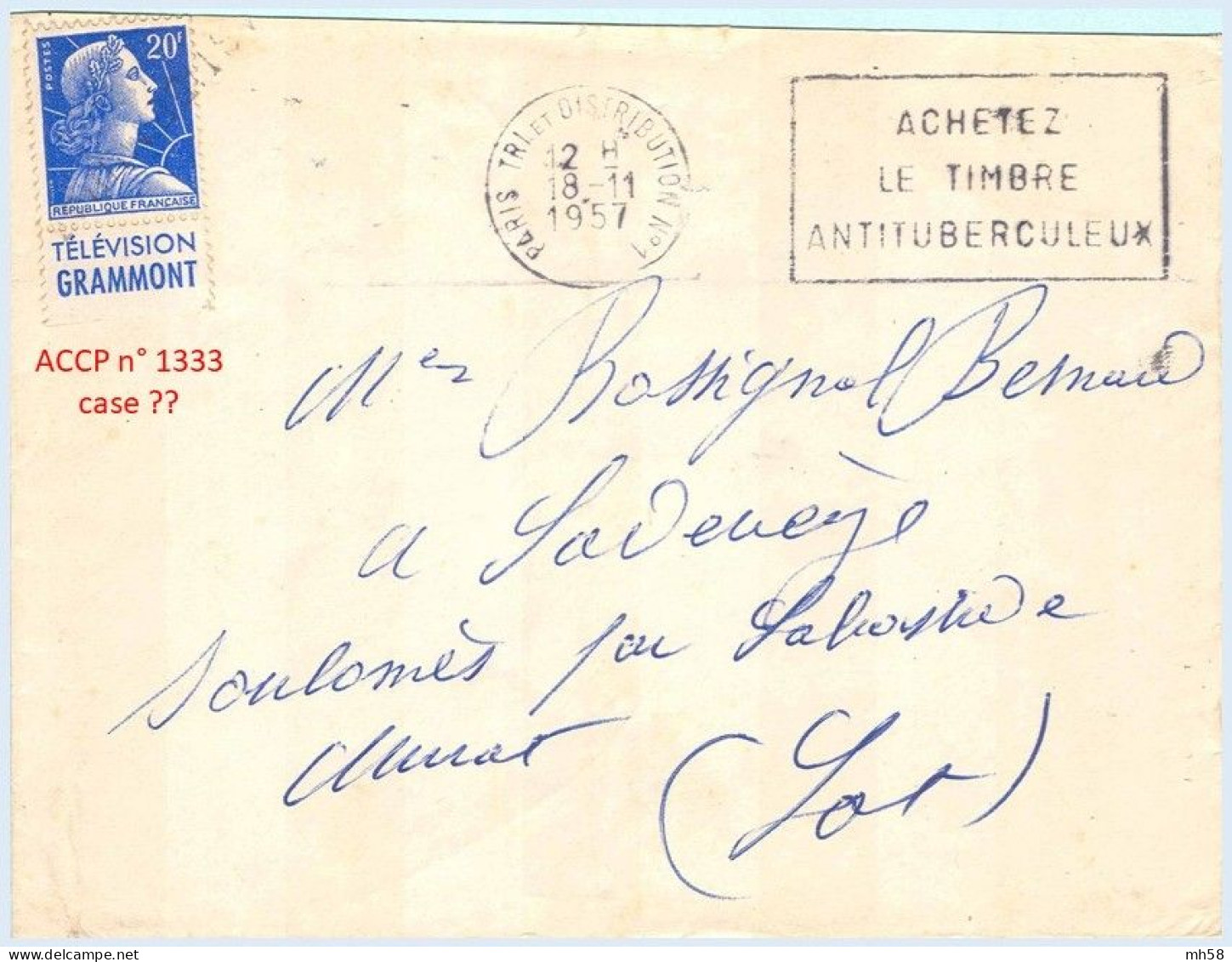 FRANCE - Lettre Avec Pub De Carnet : Grammont - N° 1011B 20f Muller Bleu Type I - Brieven En Documenten