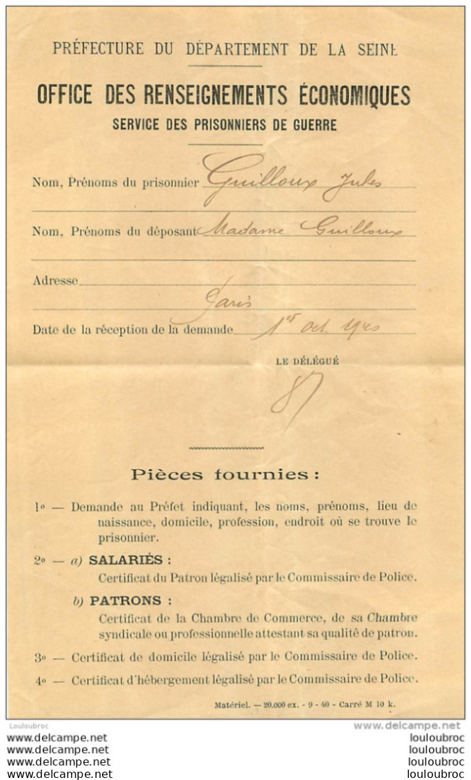 OFFICE DES RENSEIGNEMENTS ECONOMIQUES SERVICE DES PRISONNIERS DE GUERRE 10/1940 - 1939-45