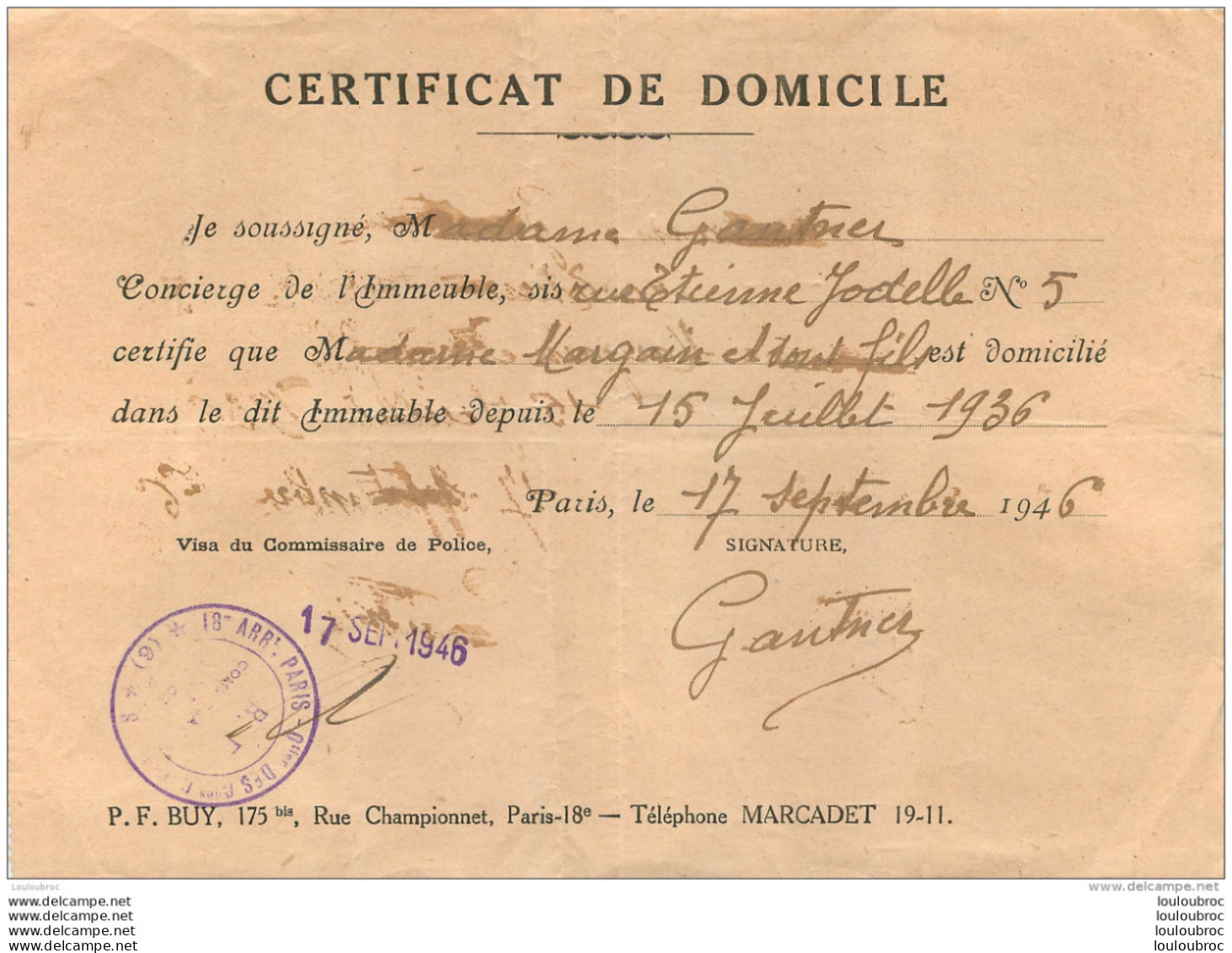 CERTIFICAT DE DOMICILE RUE ETIENNE JODELLE PARIS SEPTEMBRE 1946 - Historische Dokumente