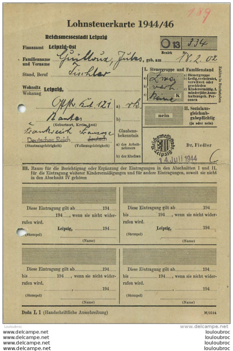 LOHNSTEUERKARTE REICHSMESSESTADT  LEIPZIG 1944 - 1939-45