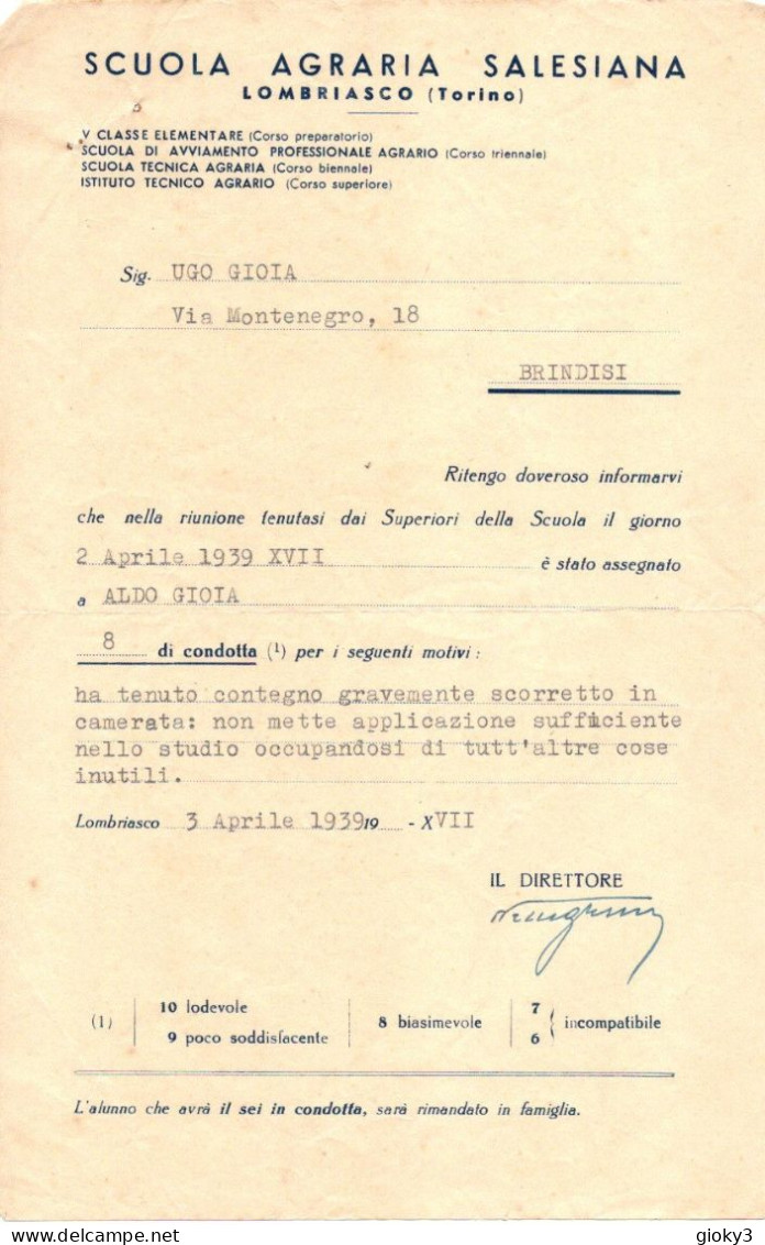 NOTA DI DEMERITO SCUOLA AGRARIA SALESIANA DI LOMBRIASCO 1939 - Diploma's En Schoolrapporten