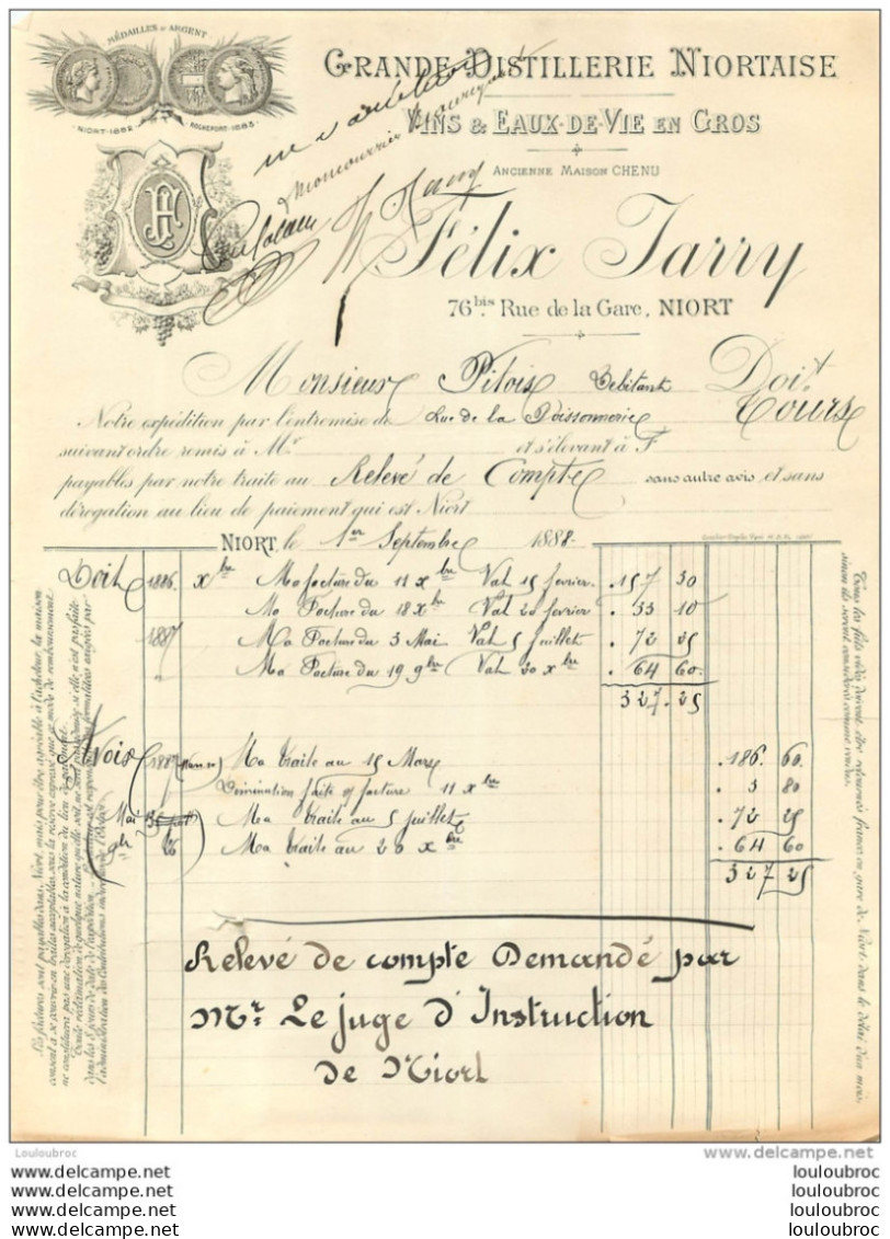 DOCUMENT COMMERCIAL 1888  FELIX JARRY GRANDE DISTILLERIE NIORTAISE A NIORT 76 RUE DE LA GARE - 1800 – 1899