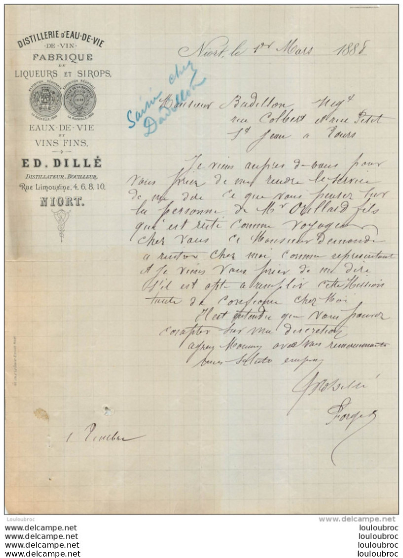 DOCUMENT COMMERCIAL 1888 DILLE  ED.  DISTILLERIE D'EAU DE VIE A NIORT - 1800 – 1899