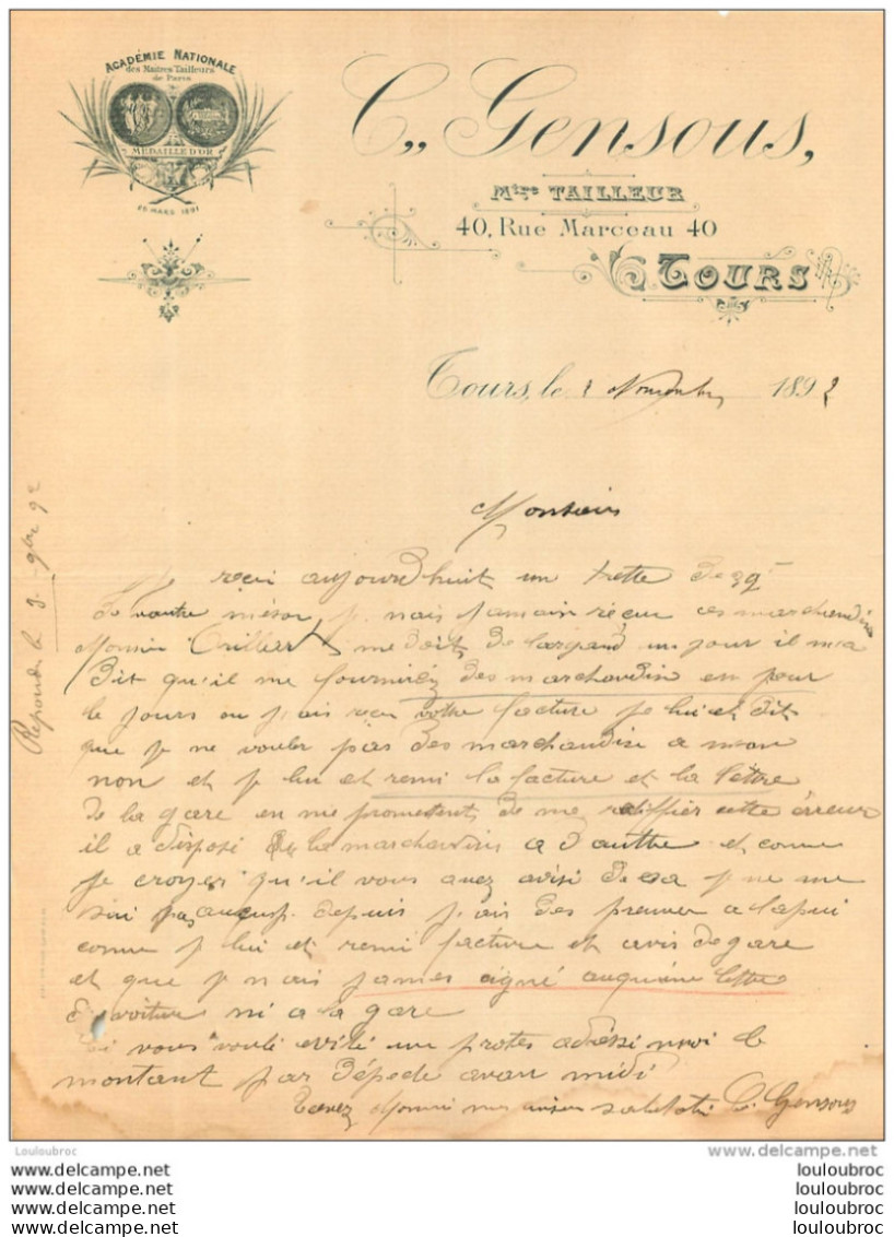 DOCUMENT COMMERCIAL 1892 GENSOUS MAITRE TAILLEUR A TOURS  40 RUE MARCEAU - 1800 – 1899
