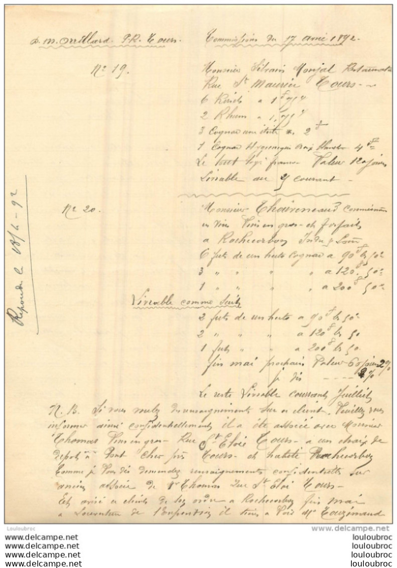 DOCUMENT COMMERCIAL  1892   LES CAFES LA CROIX  BLANCHE ENVOYEE DE TOURS - 1800 – 1899