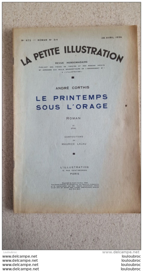 LA PETITE ILLUSTRATION  LE PRINTEMPS SOUS L'ORAGE III FIN PAR MAURICE LALAU AVRIL 1934 - Französische Autoren