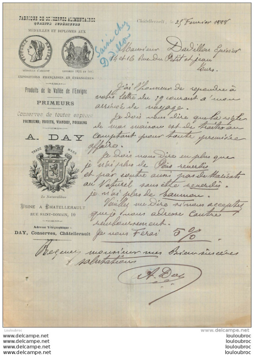 DOCUMENT COMMERCIAL 1888 A.  DAY FABRIQUE DE CONSERVES ALIMENTAIRES PRIMEURS CHATELLERAULT RUE SAINT ROMAIN - 1800 – 1899