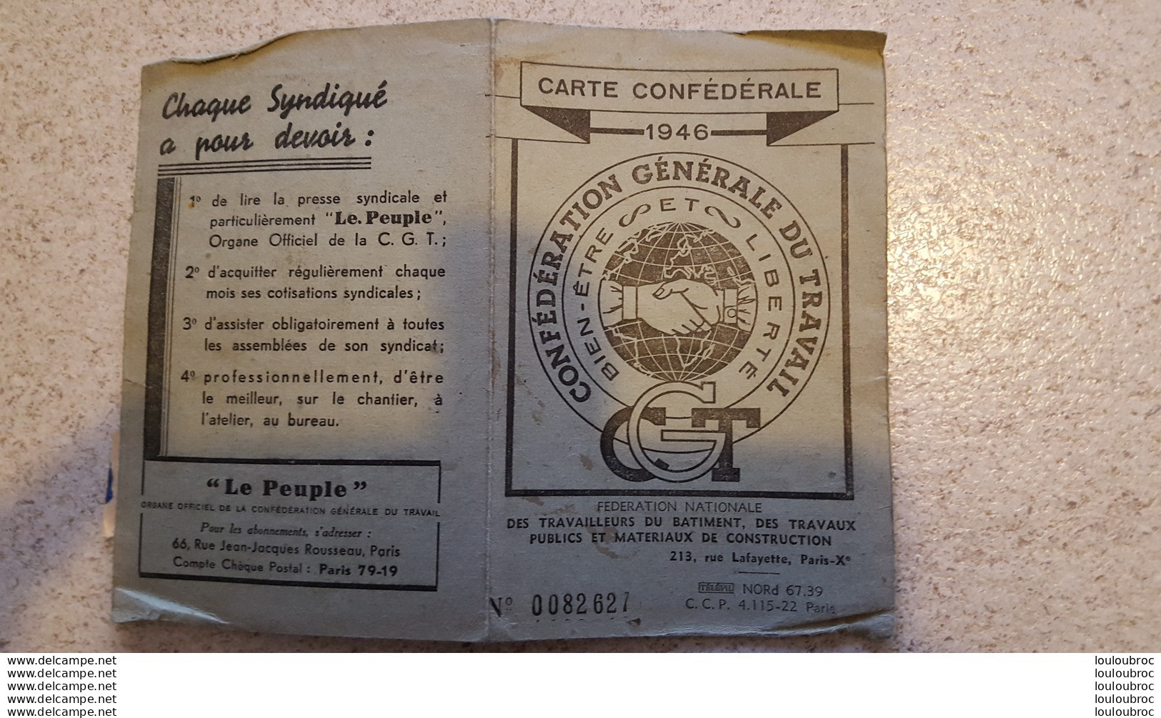 CARTE CONFEDERALE C.G.T. 1946 TRAVAILLEURS DU BATIMENT ET TRAVAUX PUBLICS CGT SECTION LOCALE - Documents Historiques