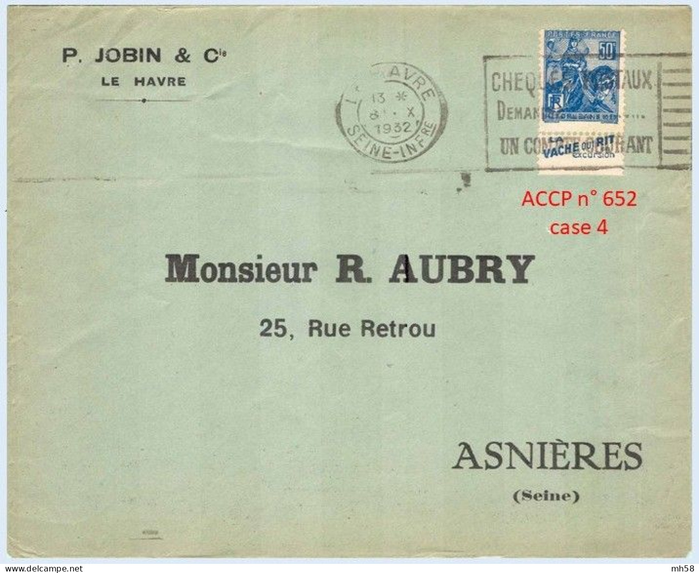 FRANCE - Lettre Avec Pub De Carnet : Vache Qui Rit En Excursion - N° 257 50c Jeanne D'Arc Type I - Covers & Documents