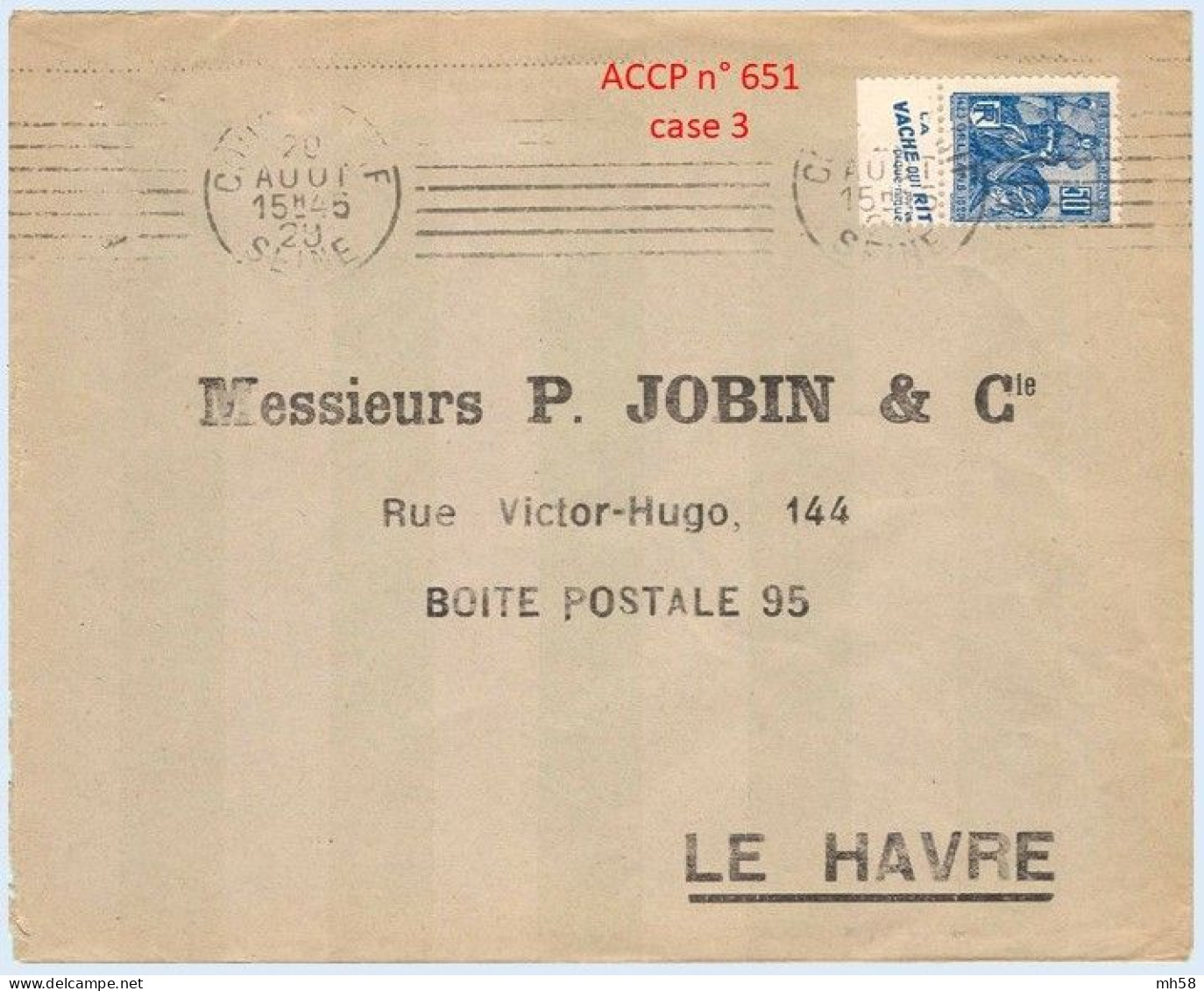 FRANCE - Lettre Avec Pub De Carnet : Vache Qui Rit Pour Les Pique-nique - N° 257 50c Jeanne D'Arc Type I - Briefe U. Dokumente